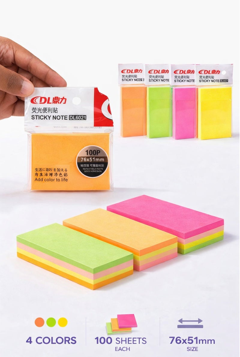 DL Neon Sticky Notes 76×51mm – 100 Sheets Colorful Set for School, Office & Study - Image 1